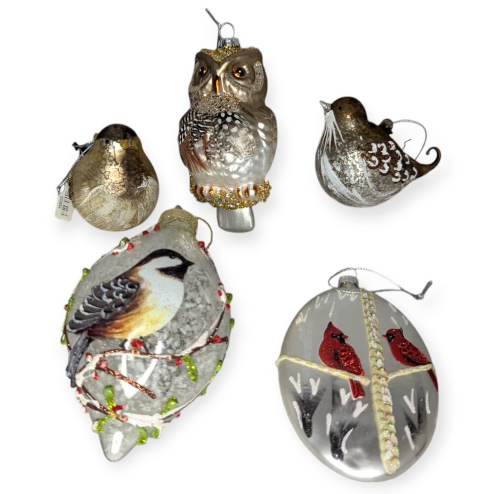 Hand Blown Glass Lot of 5 Iridescent Silver Red White Bird Christmas Ornaments